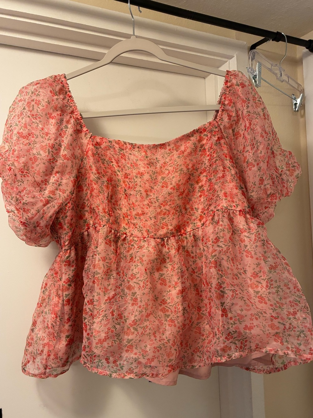 Pink Floral Puff Sleeve Summer Blouse